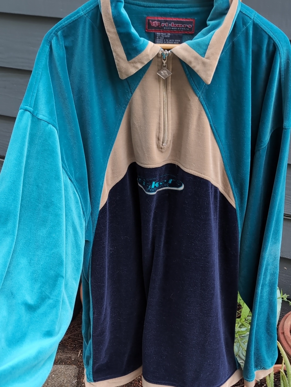 ri:kors Deisgned By Dazo Vintage Velve Teal, Navy and Tan Half-Zip Men's Sweater